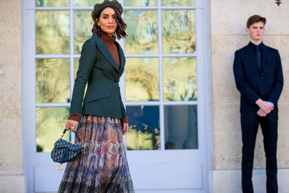 beret, blazer, brown sweater, camila coelho, christian dior, embroidered skirt, graphic bag, graphic skirt, green bag, green hat, green jacket, leather bag, monogram, printed bag, printed skirt, saddle bag, sequined skirt, PARIS, PFW, street style, jonathan paciullo, FW, frenchystyle, fashion week, AUTUMN WINTER 2019-2020, AW 19-20, FALL WINTER 2019-2020, FW 19-20, horizontal, atmosphere details, detail