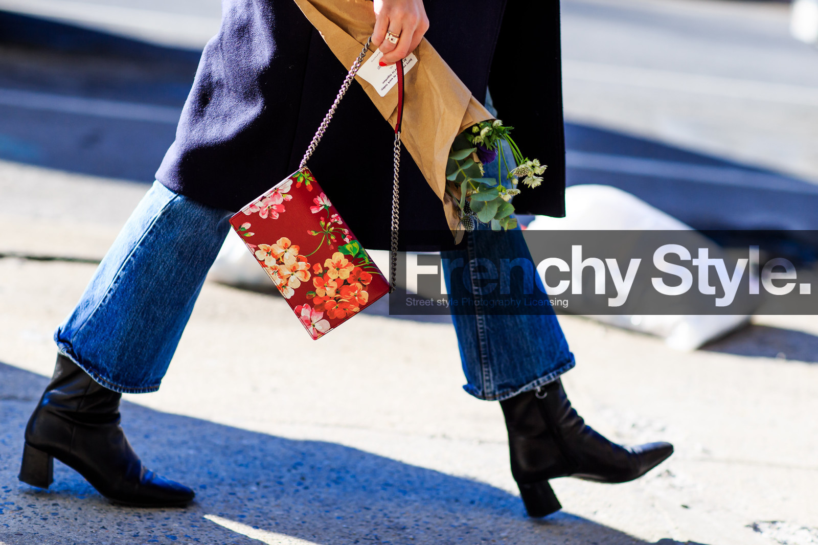 atmosphere details, AUTUMN WINTER 2016-2017, AW 16-17, black boots, blue denim, denim pants, detail, embroidered bag, fashion week, floral, flower, frenchystyle, FW, FW 16-17, horizontal, jeans, jonathan paciullo, leather boots, NEW YORK, NYFW, printed bag, red bag, street style, trousers, woman