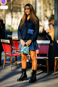 mini lady dior, dior bag, printed bag, blue bag, black boots, combat boots, pleated skirt, mini skirt, dior jacket, navy blue jacket, blue skirt, crossbody baf, mini bag, crossbody bag, fashion week, frenchystyle, FW, jonathan paciullo, street style, PARIS, PFW, SPRING SUMMER 2022, SS 22, full length, vertical, tamara kalinic