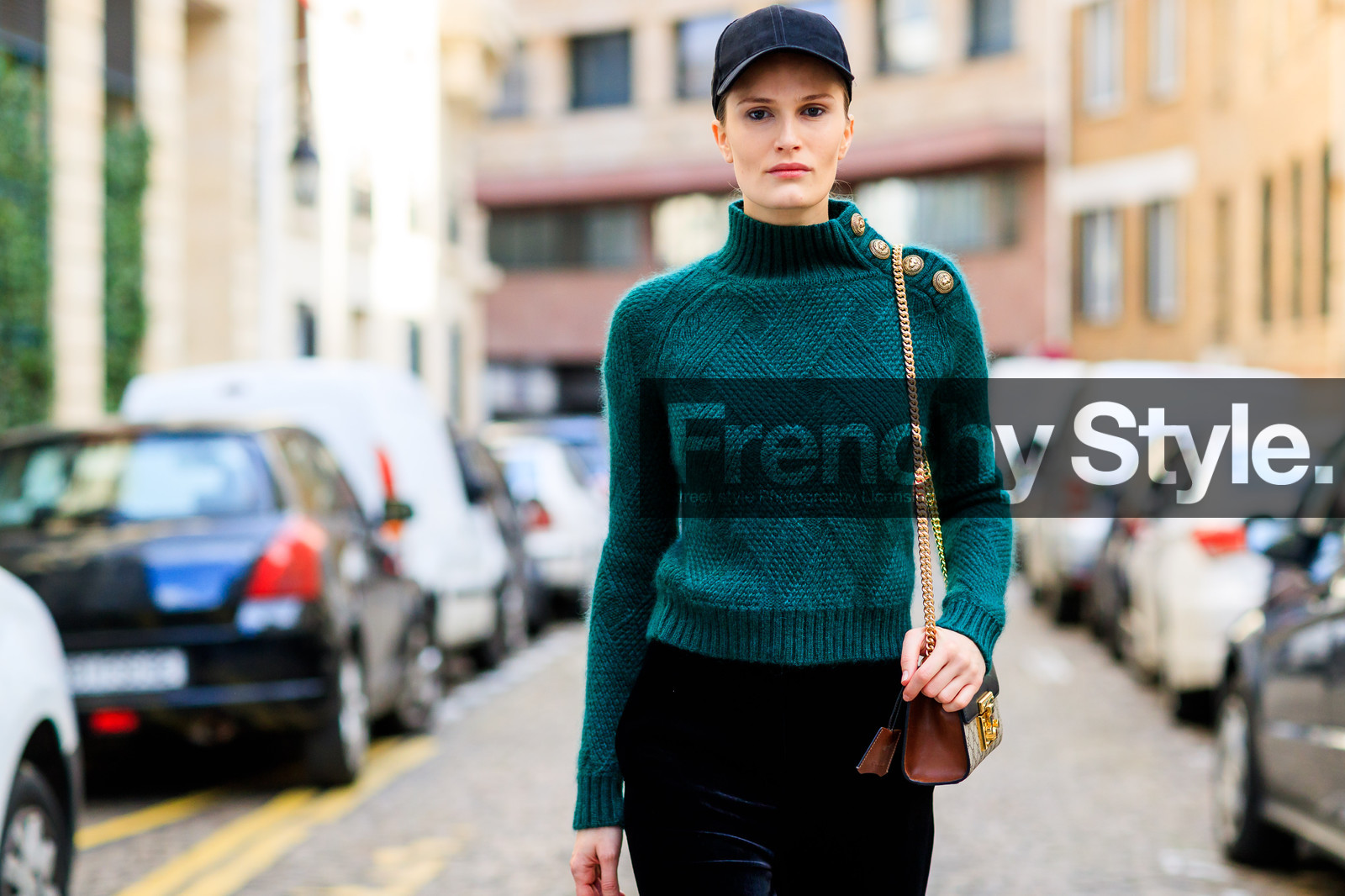 alla kostromichova, atmosphere details, AUTUMN WINTER 2017-2018, AW 17-18, black cap, black pants, detail, FALL WINTER 2017-2018, fashion week, frenchystyle, FW, FW 17-18, green sweater, horizontal, jonathan paciullo, leather bag, model, PARIS, PFW, street style, trousers, velvet