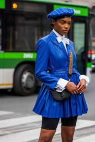 bag, belted dress, beret, biker short, black bag, black short, blue dress, bow shirt, color, crossbody bag, Didi Stone, dress, electric blue, leather bag, mini dress, philosophy look, pleated dress, shirt, small bag, striped beret, stripes, white shirt, wool beret, fashion week, frenchystyle, FW, jonathan paciullo, street style, SPRING SUMMER 2022, SS 22, MFW, MILAN, vertical, atmosphere details