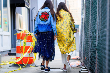 atmosphere details, back detail, blue denim, blue shoes, blue skirt, denim jacket, embroidered jacket, fashion week, frenchystyle, full length, FW, horizontal, jonathan paciullo, leather shoes, NEW YORK, NYFW, pink shoes, printed coat, printed skirt, SPRING SUMMER 2018, SS 18, street style, white pants, yellow coat