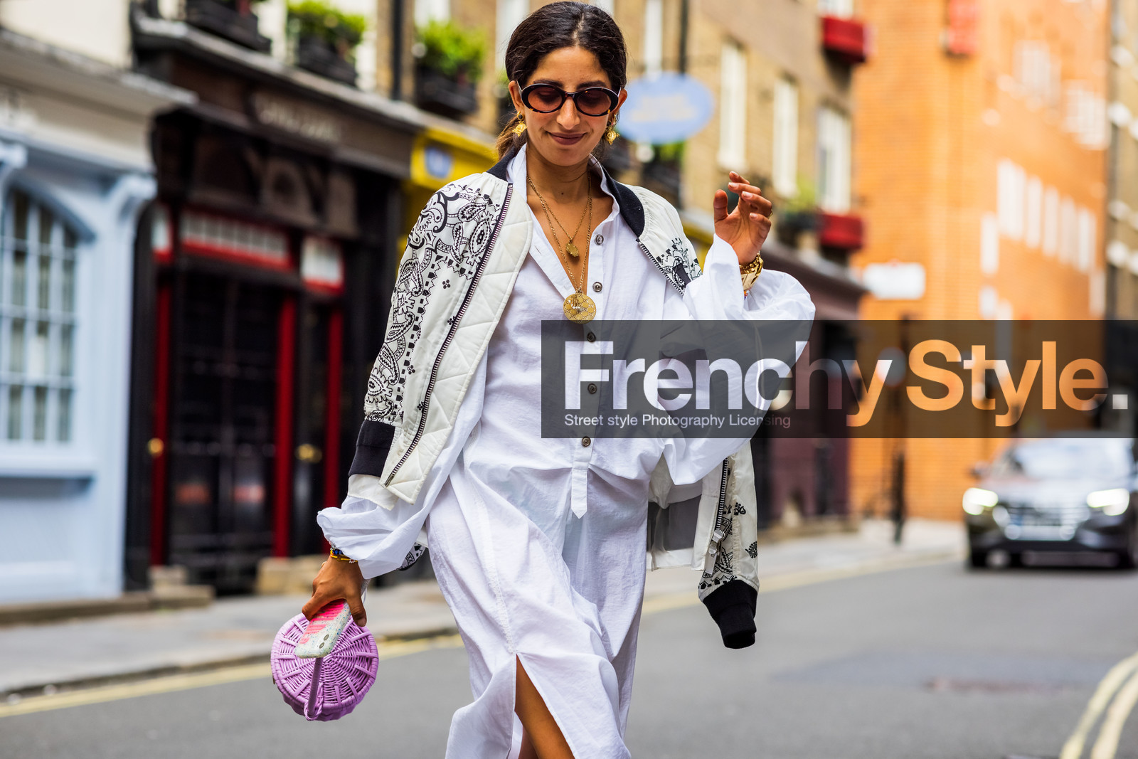Selma Kaci, pink, long dress, midi dress, sunglasses, bomber jacket, white, fashion week, frenchystyle, FW, jonathan paciullo, street style, SPRING SUMMER 2022, SS 22, LFW, LONDON, horizontal, atmosphere details, detail