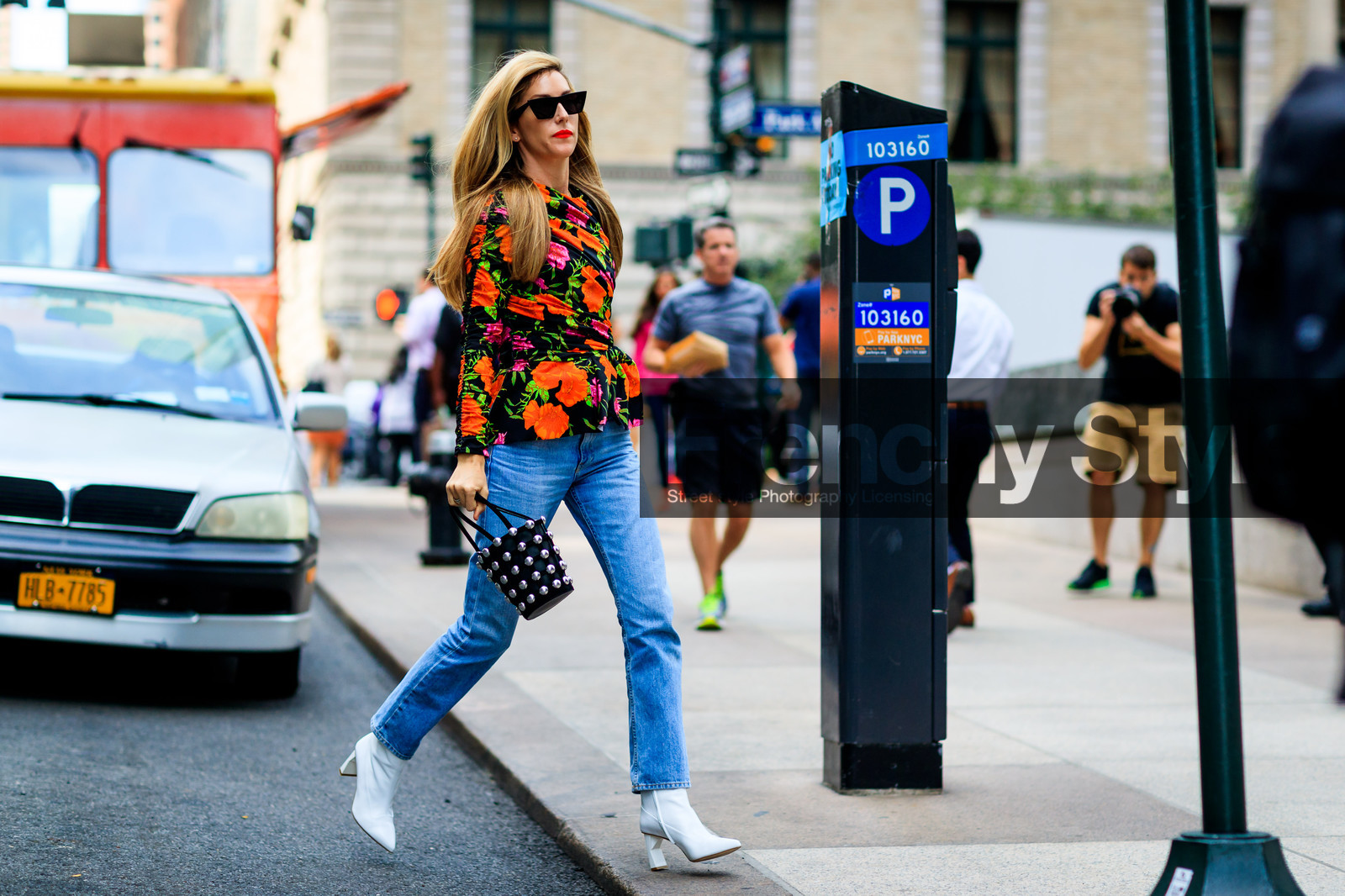 alexander wang, atmosphere details, balenciaga, black bag, blue denim, denim pants, fashion week, floral, flowers, frenchystyle, full length, FW, high heels, horizontal, jeans, joanna hillman, jonathan paciullo, leather bag, leather shoes, multicolor top, NEW YORK, NYFW, printed top, red lips, SPRING SUMMER 2018, SS 18, street style, studs, sunglasses, trousers, white boots