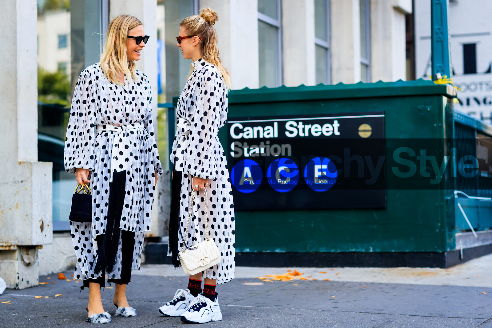 atmosphere details, black bag, black pants, black socks, chanel, courtney trop, fashion week, frenchystyle, full length, FW, graphic dress, horizontal, jessie bush, jonathan paciullo, leather bag, leather shoes, NEW YORK, NYFW, pleated dress, polka dot, printed dress, SPRING SUMMER 2018, SS 18, street style, sunglasses, trousers, white bag, white dress, white sneakers