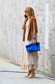 blue bag, brown sweater, graphic dress, high heels, leather bag, leather shoes, lisa aiken, printed dress, simon miller, sunglasses, transparent shoes, white dress, fashion week, frenchystyle, FW, jonathan paciullo, street style, MFW, MILAN, SPRING SUMMER 2019, SS 19, vertical, full length