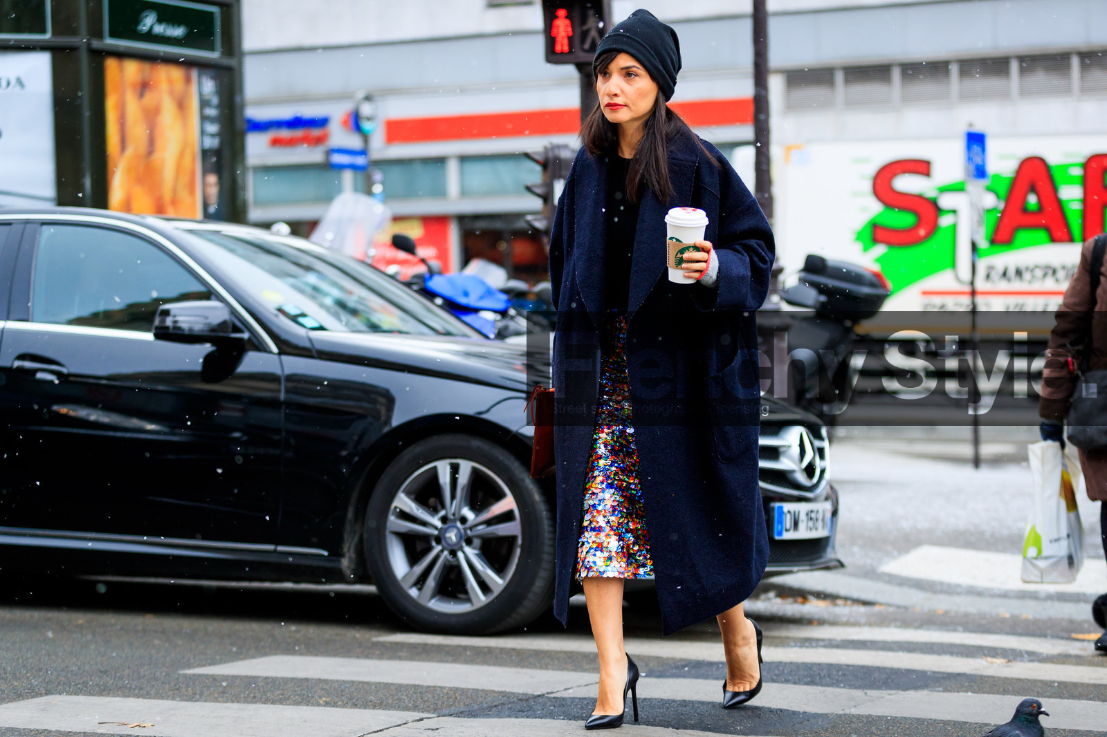 black beanie, black shoes, glitter, graphic skirt, high heels, leather shoes, navy coat, printed skirt, sequined skirt, shiny skirt, fashion week, frenchystyle, FW, jonathan paciullo, street style, PFW, PARIS, AUTUMN WINTER 2018-2019, FALL WINTER 2018-2019, FW 18-19, horizontal, atmosphere details, full length, Samar Seraqui De Buttafoco