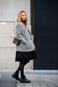 alexandra golovanoff, oversize jacket, checked jacket, beige jacket, black dress, black tights, black boots, ruffle dress, rain boots, low boots, plastic boots, chelsea boots, monogrammed tights, plumetis tights, kaki bag, satin dress, PARIS, PFW, fashion week, frenchystyle, FW, jonathan paciullo, street style, SPRING SUMMER 2021, SS 21, vertical, full length