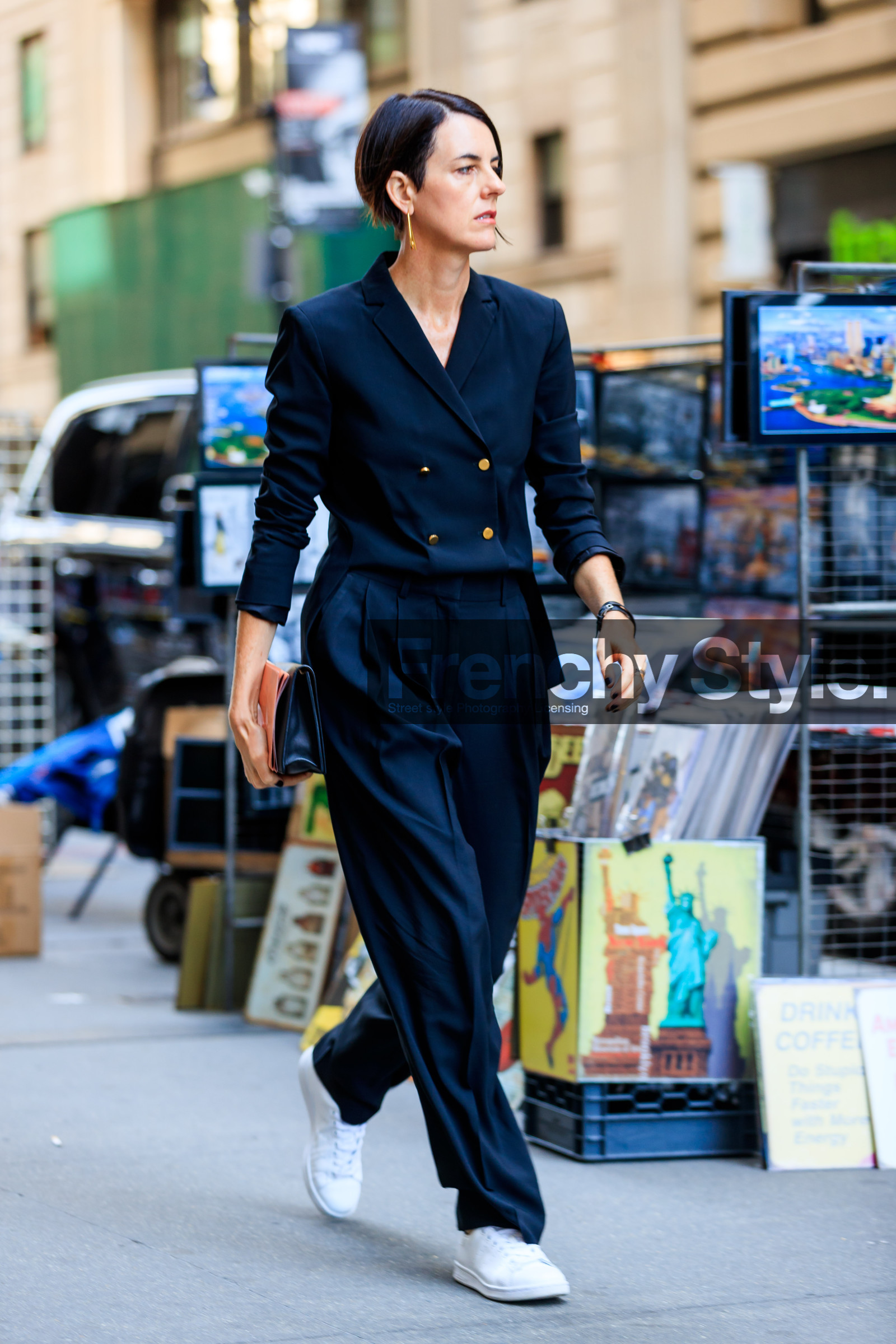 black jacket, black pants, blazer, fashion week, frenchystyle, full length, FW, jonathan paciullo, NEW YORK, NYFW, silk pants, SPRING SUMMER 2018, SS 18, street style, tone on tone, total look black, trousers, tucked in, vertical, white sneakers