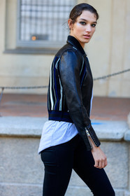 atmosphere details, black jacket, black pants, detail, fashion week, frenchystyle, FW, jonathan paciullo, leather jacket, mckenna hellam, MFW, MILAN, model, SPRING SUMMER 2018, SS 18, street style, trousers, vertical