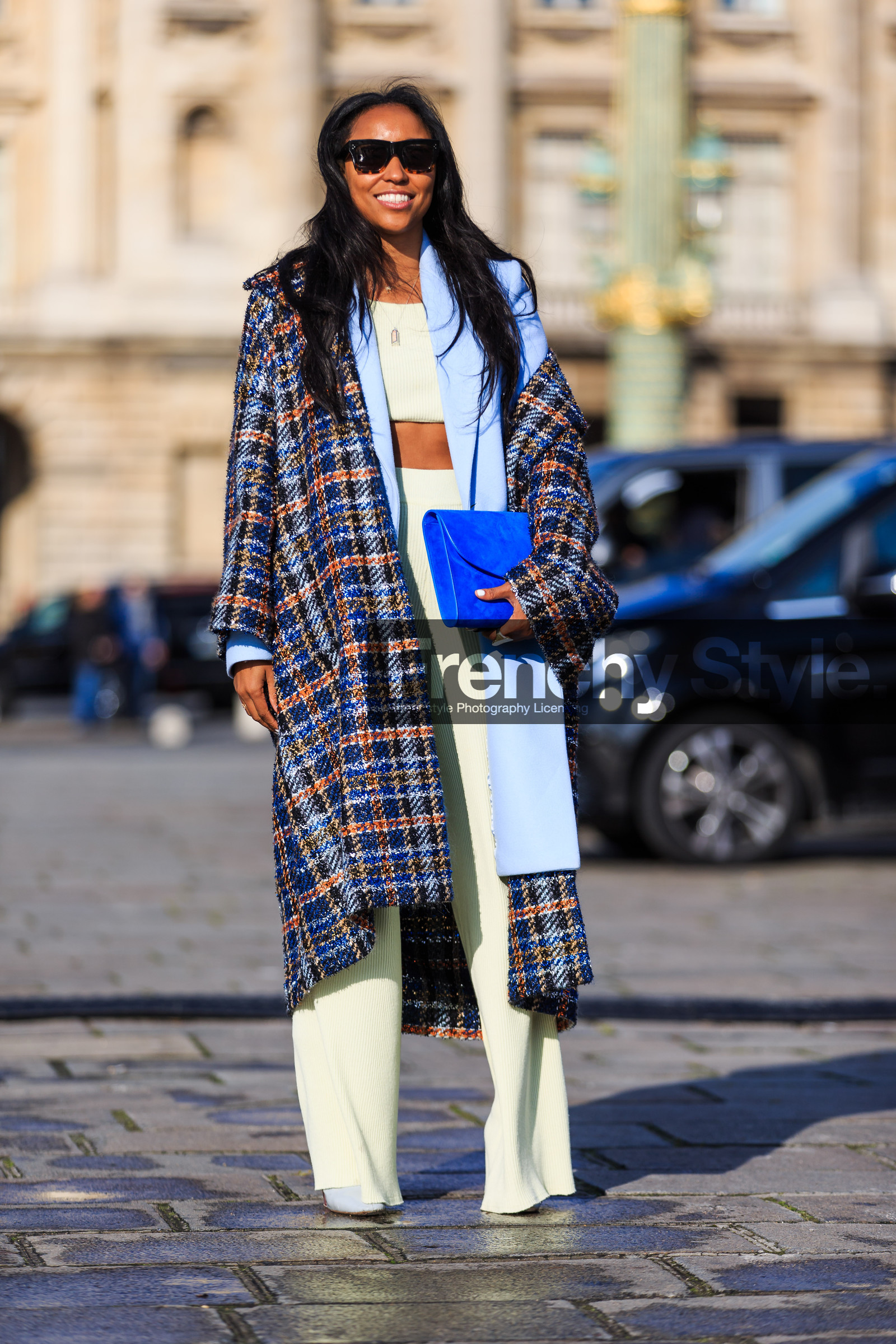AUTUMN WINTER 2016-2017, AW 16-17, blue bag, blue coat, blue jacket, checked coat, crop top, FALL WINTER 2016-2017, fashion week, frenchystyle, full length, FW, FW 16-17, graphic coat, jonathan paciullo, PARIS, PFW, plaid, printed coat, street style, sunglasses, tartan, trousers, vertical, white pants, white top