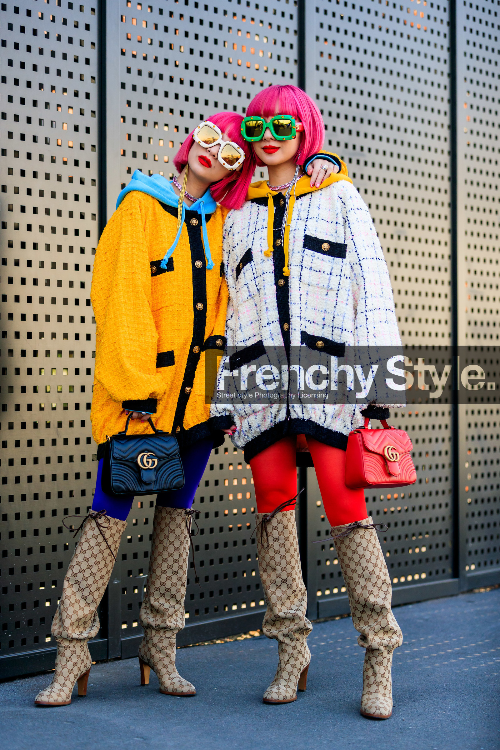 Ami and Aya Suzuki, beige boots, black bag, blue sweater, checked, dyed hair, graphic jacket, gucci, high boots, high heels, hoodie, leather bag, leather shoes, monogram, necklace, pink hair, plaid, printed jacket, red bag, sunglasses, tights, tweed jacket, white jacket, yellow jacket, fashion week, frenchystyle, FW, jonathan paciullo, street style, MFW, MILAN, AUTUMN WINTER 2019-2020, AW 19-20, FALL WINTER 2019-2020, FW 19-20, vertical, full length