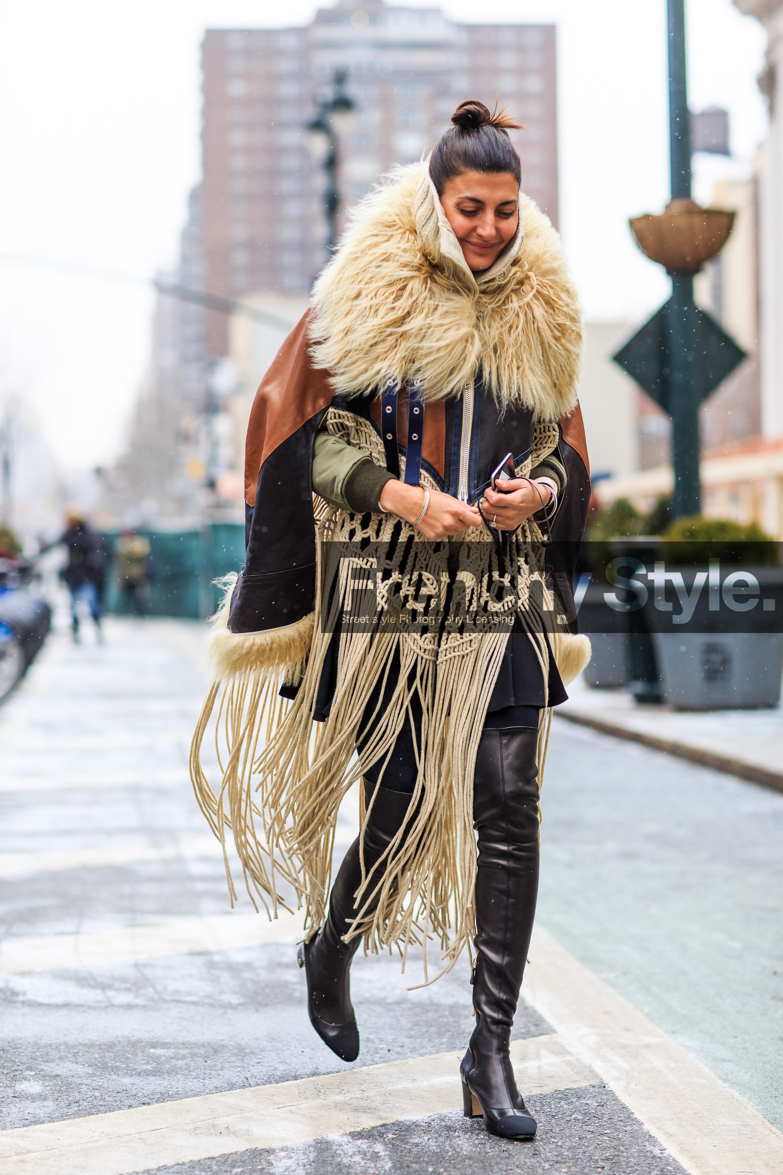 AUTUMN WINTER 2016-2017, AW 16-17, black boots, brown coat, brown jacket, chanel, embroidered coat, embroidered jacket, fashion week, frenchystyle, fringes, full length, fur co, fur coat, fur collar, FW, FW 16-17, giovanna battaglia, high boots, inuit, jonathan paciullo, leather boots, leather coat, NEW YORK, NYFW, sacai, street style, vertical, white fur, woman