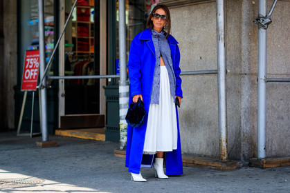 atmosphere details, balenciaga, blue bag, blue coat, checked shirt, fashion week, frenchystyle, full length, FW, graphic shirt, high heels, horizontal, jonathan paciullo, leather bag, leather shoes, long coat, NEW YORK, NYFW, pleated skirt, printed shirt, SPRING SUMMER 2018, SS 18, street style, sunglasses, velvet, white boots, white skirt