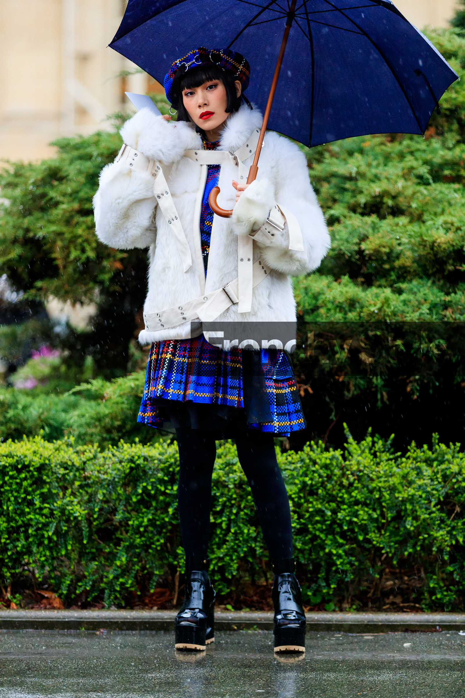 AUTUMN WINTER 2017-2018, AW 17-18, black shoes, blue dress, blue hat, checked dress, FALL WINTER 2017-2018, fashion week, frenchystyle, full length, fur jacket, FW, FW 17-18, gingham, high heels, jonathan paciullo, leather shoes, mademoiselle yulia, PARIS, PFW, plaid, pleated dress, printed dress, sacai, street style, tartan, umbrella, vertical, white fur, white jacket