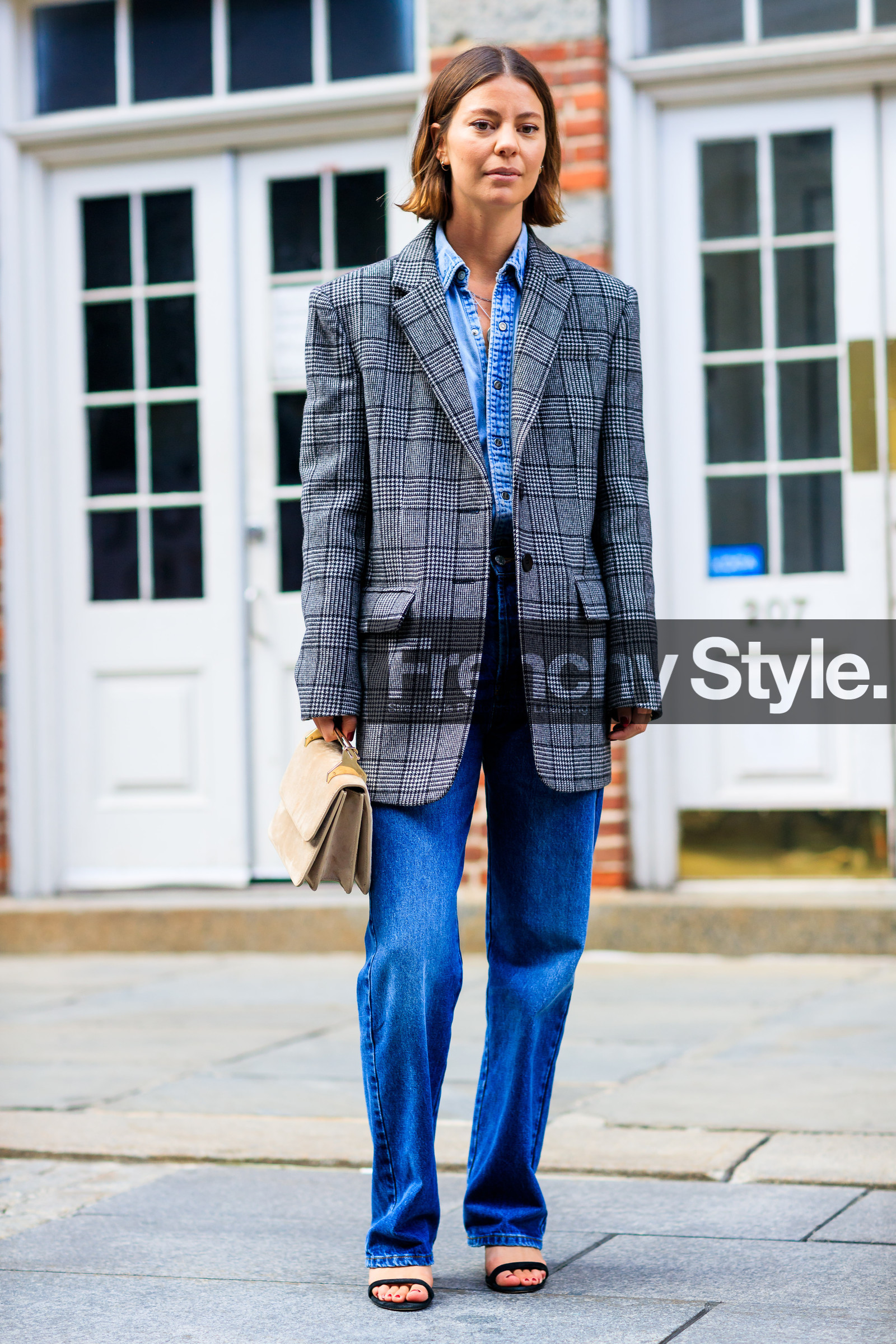 annina mislin, beige bag, black shoes, blazer, blue denim, checked jacket, denim pants, denim shirt, fashion week, frenchystyle, full length, FW, graphic jacket, grey jacket, jeans, jonathan paciullo, leather bag, m2malletier, NEW YORK, NYFW, plaid, printed jacket, SPRING SUMMER 2018, SS 18, street style, trousers, vertical