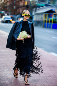 long black ruffles dress, puffy pistachio bag, puffy green pouch, black heeled sandals, green sunglasses, full black look, black leather jacket, leonie hanne, fashion week, frenchystyle, FW, jonathan paciullo, street style, NYFW, NEW YORK, AUTUMN WINTER 2022-2023, FALL WINTER 2022_2023, FW 22-23, vertical, full length