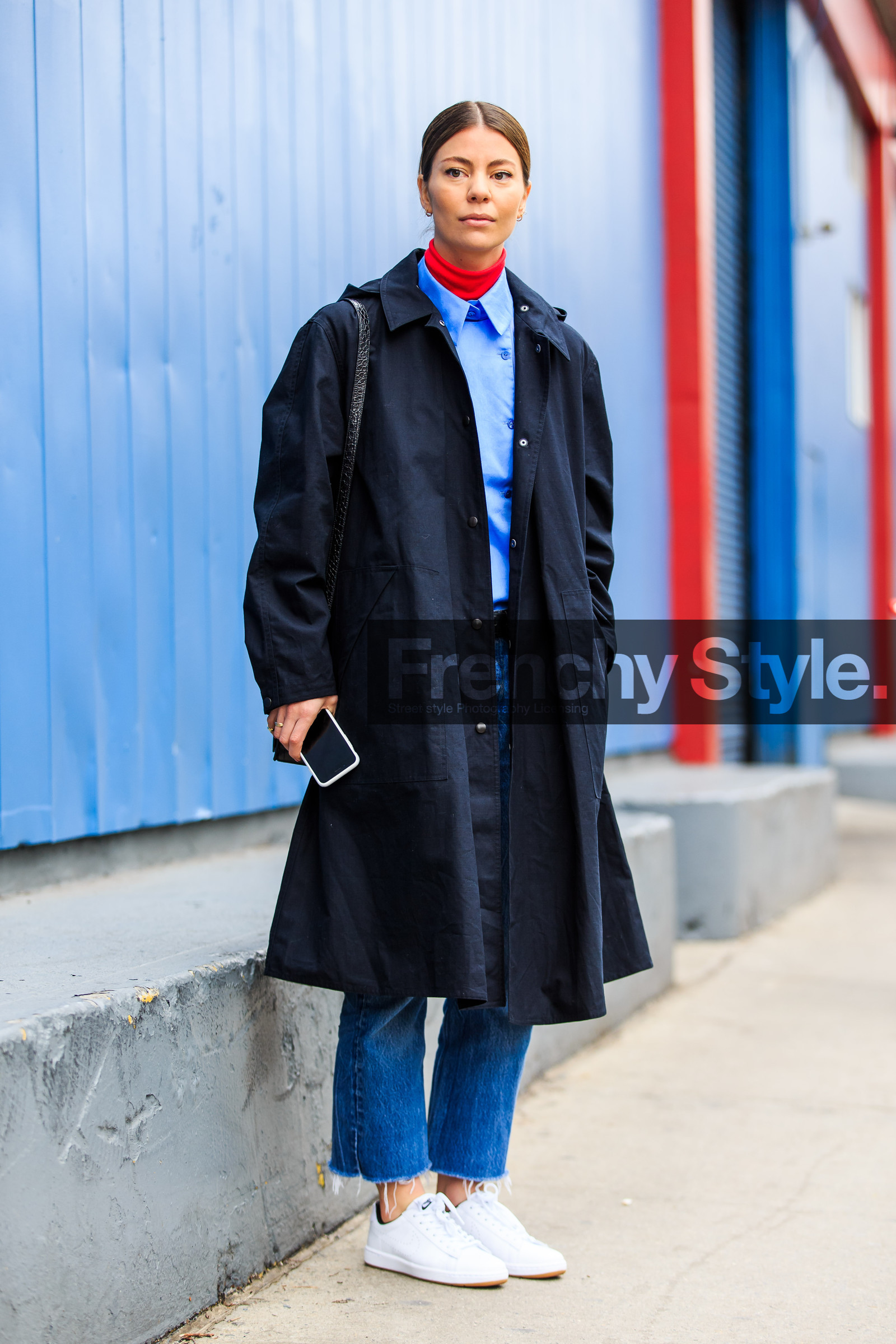 annina mislin, AUTUMN WINTER 2016-2017, AW 16-17, blue coat, blue denim, blue shirt, denim pants, fashion week, frenchystyle, full length, FW, FW 16-17, jeans, jonathan paciullo, leather sneakers, NEW YORK, nike, NYFW, overcoat, red sweater, street style, trousers, turtleneck sweater, vertical, white sneakers, woman