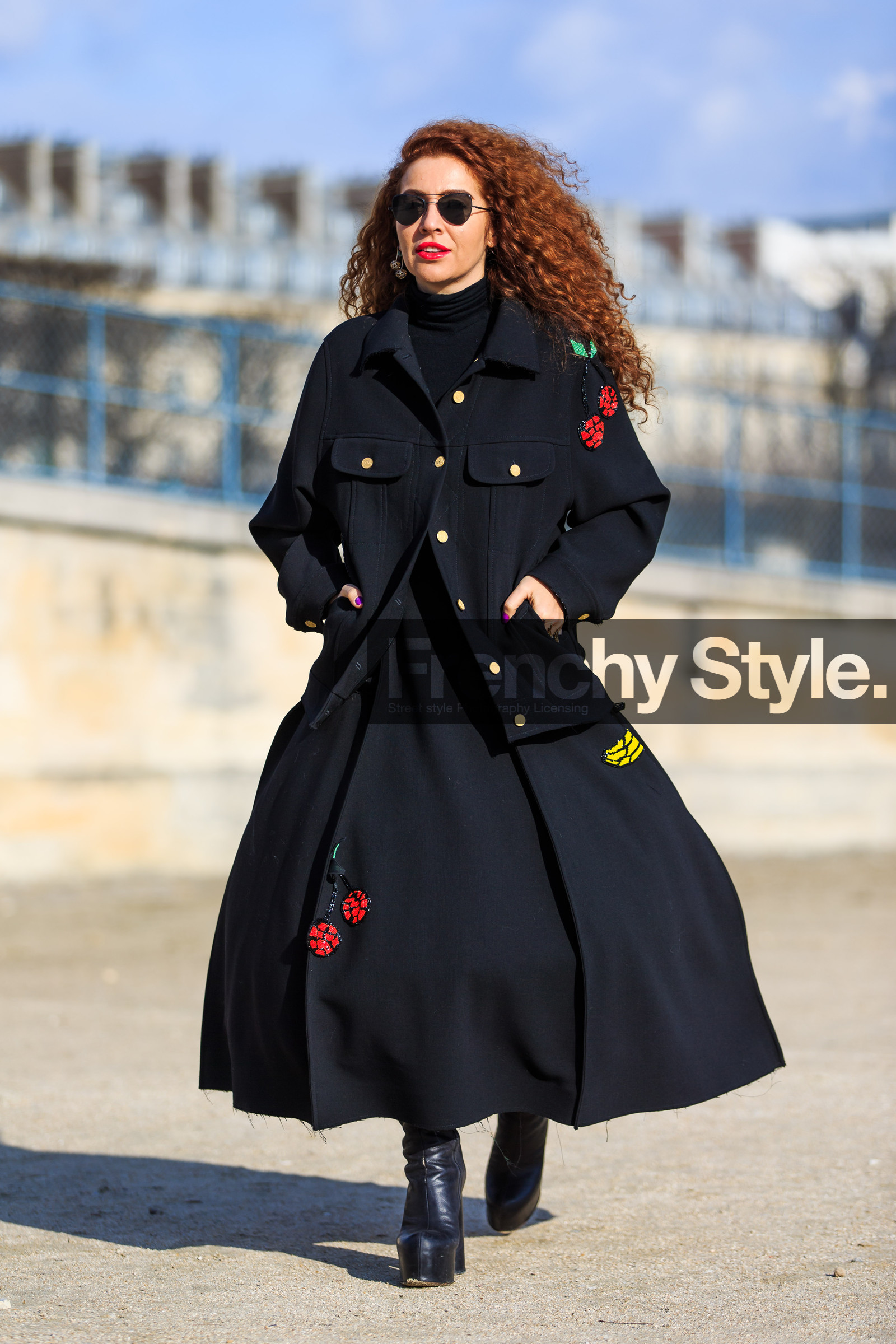 AUTUMN WINTER 2016-2017, AW 16-17, black boots, black coat, black dress, black jacket, curly hair, FALL WINTER 2016-2017, fashion week, frenchystyle, full length, FW, FW 16-17, jonathan paciullo, leather boots, PARIS, PFW, red lips, street style, sunglasses, vertical