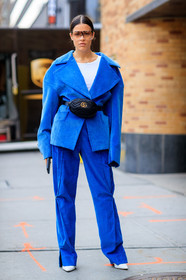 balenciaga, black bag, blazer, blue jacket, blue pants, blue suit, fanny pack, fashion week, frenchystyle, full length, FW, gucci, high heels, jonathan paciullo, leather bag, leather shoes, NEW YORK, NYFW, oversize, SPRING SUMMER 2018, SS 18, street style, sunglasses, trousers, vertical, white shoes, white t shirt