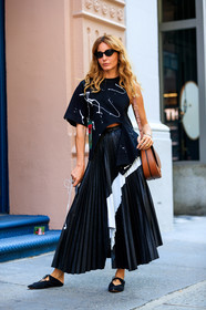 black shoes, black skirt, black top, brown bag, céline, ece sukan, fashion week, frenchystyle, full length, FW, jonathan paciullo, leather bag, NEW YORK, NYFW, pleated skirt, SPRING SUMMER 2018, SS 18, street style, sunglasses, vertical