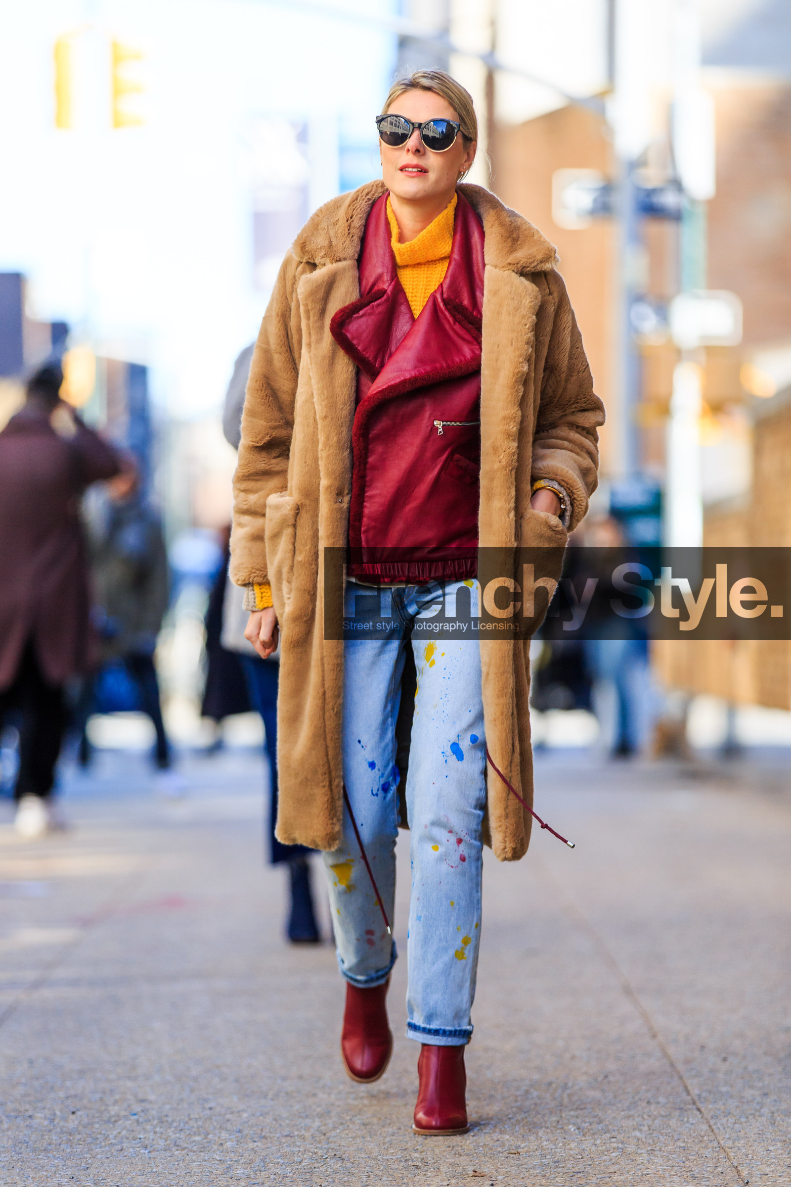 AUTUMN WINTER 2016-2017, AW 16-17, blue denim, brown coat, brown fur, camel coat, denim pants, fashion week, frenchystyle, full length, fur coat, FW, FW 16-17, jeans, jonathan paciullo, leather boots, leather jacket, NEW YORK, NYFW, red boots, red jacket, sofie valkiers, stains, street style, sunglasses, trousers, turtleneck sweater, vertical, woman, yellow sweater