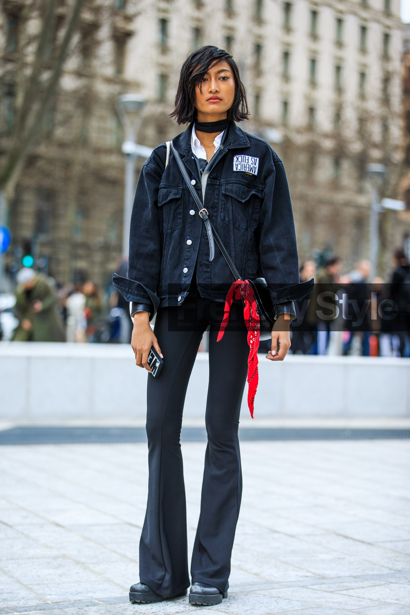 AUTUMN WINTER 2016-2017, AW 16-17, black bag, black boots, black denim, black pants, choker, denim jacket, embroidered jacket, FALL WINTER 2016-2017, fashion week, frenchystyle, full length, FW, FW 16-17, jonathan paciullo, leather bag, leather boots, LFW, LONDON, MENSWEAR, message, model, necklace, red bandana, short hair, street style, trousers, vertical