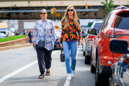 alexander wang, atmosphere details, balenciaga, black bag, blue denim, denim pants, fashion week, floral, flowers, frenchystyle, full length, FW, high heels, horizontal, jeans, joanna hillman, jonathan paciullo, leather bag, leather shoes, multicolor top, NEW YORK, NYFW, printed top, red lips, SPRING SUMMER 2018, SS 18, street style, studs, sunglasses, trousers, white boots