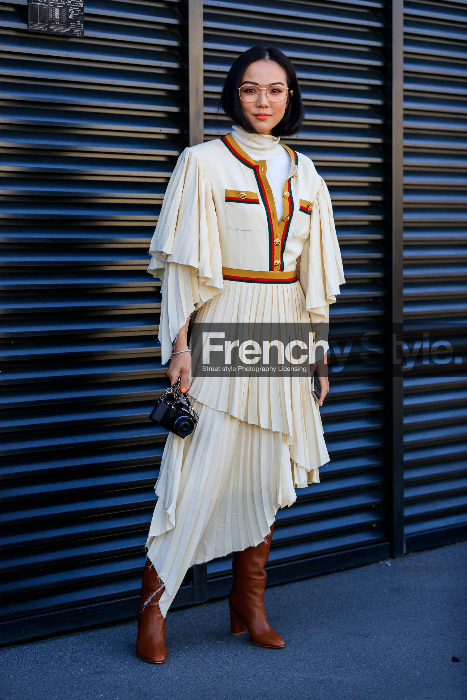asymetric, black bag, brown boots, camera, gucci, high boots, high heels, leather bag, leather shoes, pleats, white dress, yoyo cao, fashion week, frenchystyle, FW, jonathan paciullo, street style, MFW, MILAN, AUTUMN WINTER 2019-2020, AW 19-20, FALL WINTER 2019-2020, FW 19-20, vertical, full length