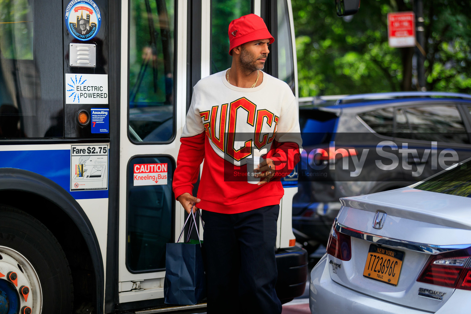 black pants, bucket hat, gucci, prada, printed sweater, red hat, red sweater, rings, trousers, fashion week, frenchystyle, FW, jonathan paciullo, street style, NEW YORK, NYFW, SPRING SUMMER 2020, SS 20, horizontal, atmosphere details, detail