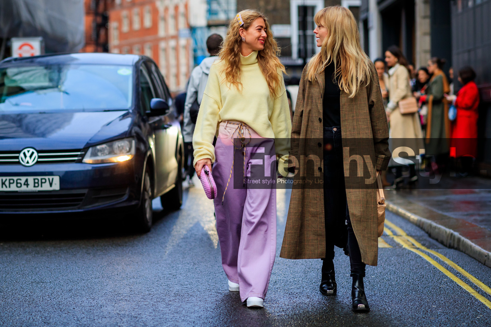 beige bag, belt, black shoes, blue denim, brown coat, checked, denim pants, earrings, emili sindlev, graphic jacket, hair clip, jeanette madsen, jeans, leather bag, leather shoes, maison martin margiela, pink bag, pink denim, plaid, printed jacket, trousers, turtleneck sweater, white shoes, wide pants, yellow sweater, LONDON, LFW, fashion week, frenchystyle, FW, jonathan paciullo, street style, AUTUMN WINTER 2019-2020, AW 19-20, FW 19-20, FALL WINTER 2019-2020, horizontal, atmosphere details, full length