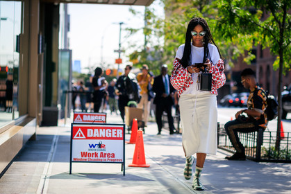 atmosphere details, black bag, braids, denim skirt, fashion week, fendi, frenchystyle, full length, FW, graphic jacket, graphic shoes, horizontal, jan-michael quammie, jonathan paciullo, leather bag, leather shoes, NEW YORK, NYFW, printed jacket, red jacket, rings, SPRING SUMMER 2018, SS 18, street style, striped shoes, sunglasses, white denim, white shirt, white sneakers