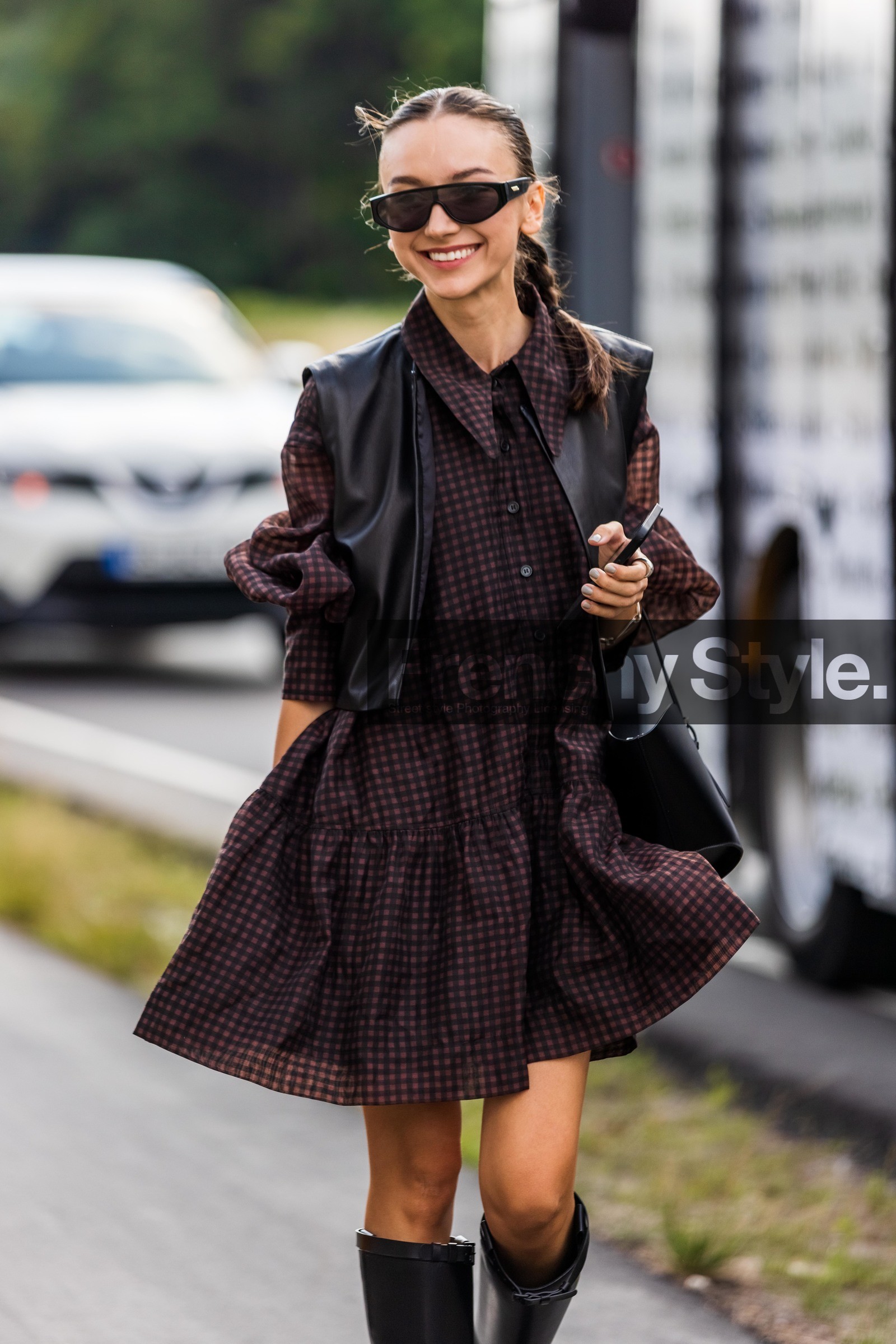 bag, bicolor, black bag, black boots, black sunglasses, boots, brown dress, check, checked dress, dress, jacket, leather bag, leather boots, leather jacket, print, printed dress, ruffles, sleveless jacket, sunglasses, Beatrice Gutu, fashion week, frenchystyle, FW, jonathan paciullo, street style, SPRING SUMMER 2022, SS 22, COPENHAGEN, CPHFW, vertical, atmosphere details