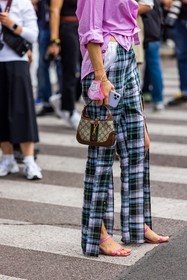 brown bag, check, color, facial mask, fluid pants, gucci bag, leather bag, leather sandals, logo bag, pink sandals, pink shirt, print, printed bag, printed pants, shirt, split, splited pants, striped shirt, stripes, fashion week, frenchystyle, FW, jonathan paciullo, street style, SPRING SUMMER 2022, SS 22, MFW, MILAN, vertical, atmosphere details