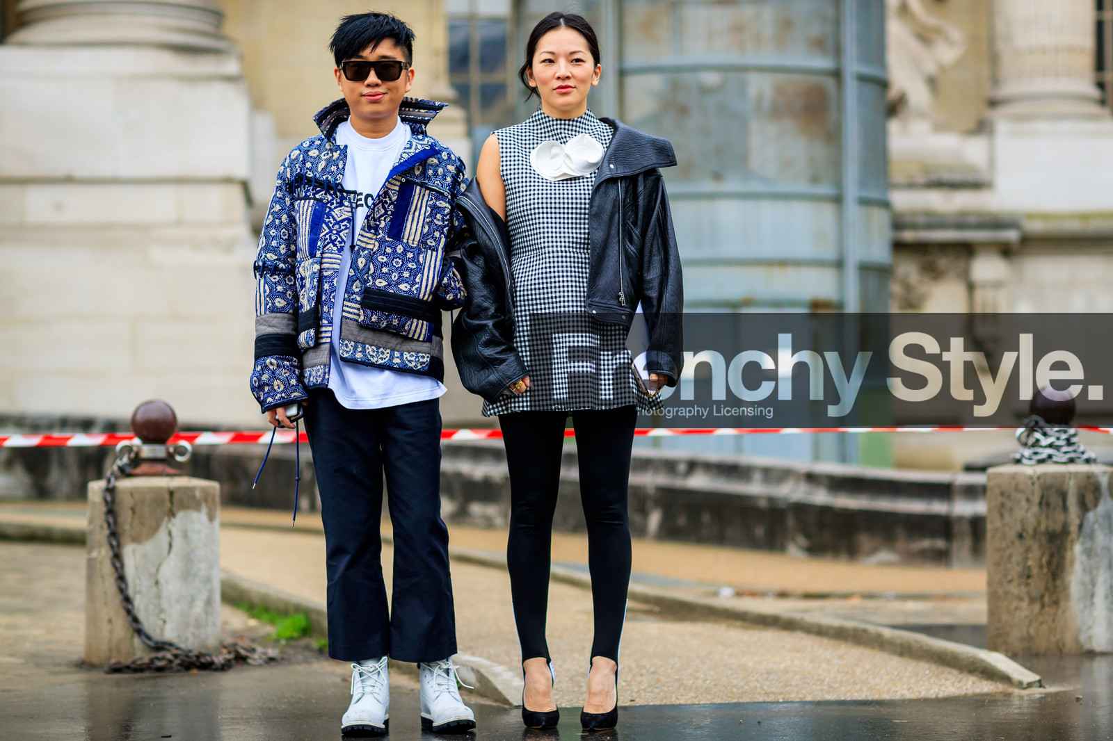 atmosphere details, AUTUMN WINTER 2017-2018, AW 17-18, black and white, black jacket, black pants, black perfecto, black shoes, blue jacket, FALL WINTER 2017-2018, fashion week, frenchystyle, full length, FW, FW 17-18, gingham, graphic dress, high heels, horizontal, jonathan paciullo, leather jacket, leather perfecto, leather shoes, paco rabanne, PARIS, PFW, printed dress, printed jacket, stir pants, street style, sunglasses, tina leung, trousers, white boots, white t shirt