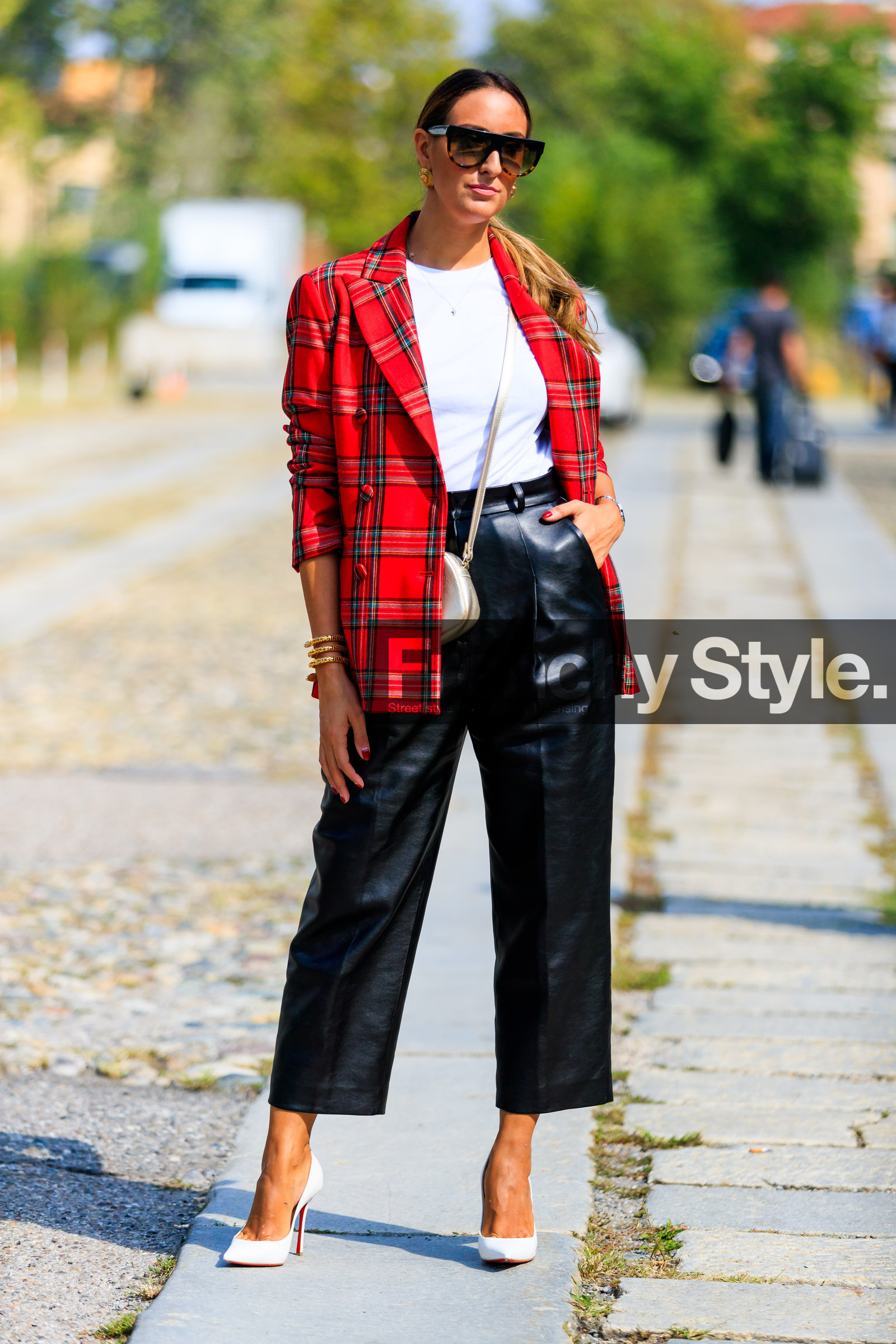 black pants, blazer, bracelet, checked, christian louboutin, gold bag, graphic jacket, high heels, leather bag, leather pants, leather shoes, plaid, printed jacket, red jacket, sunglasses, tartan, trousers, versace, white shoes, white t shirt, street style, jonathan paciullo, FW, frenchystyle, fashion week, MFW, MILAN, SPRING SUMMER 2019, SS 19, vertical, full length