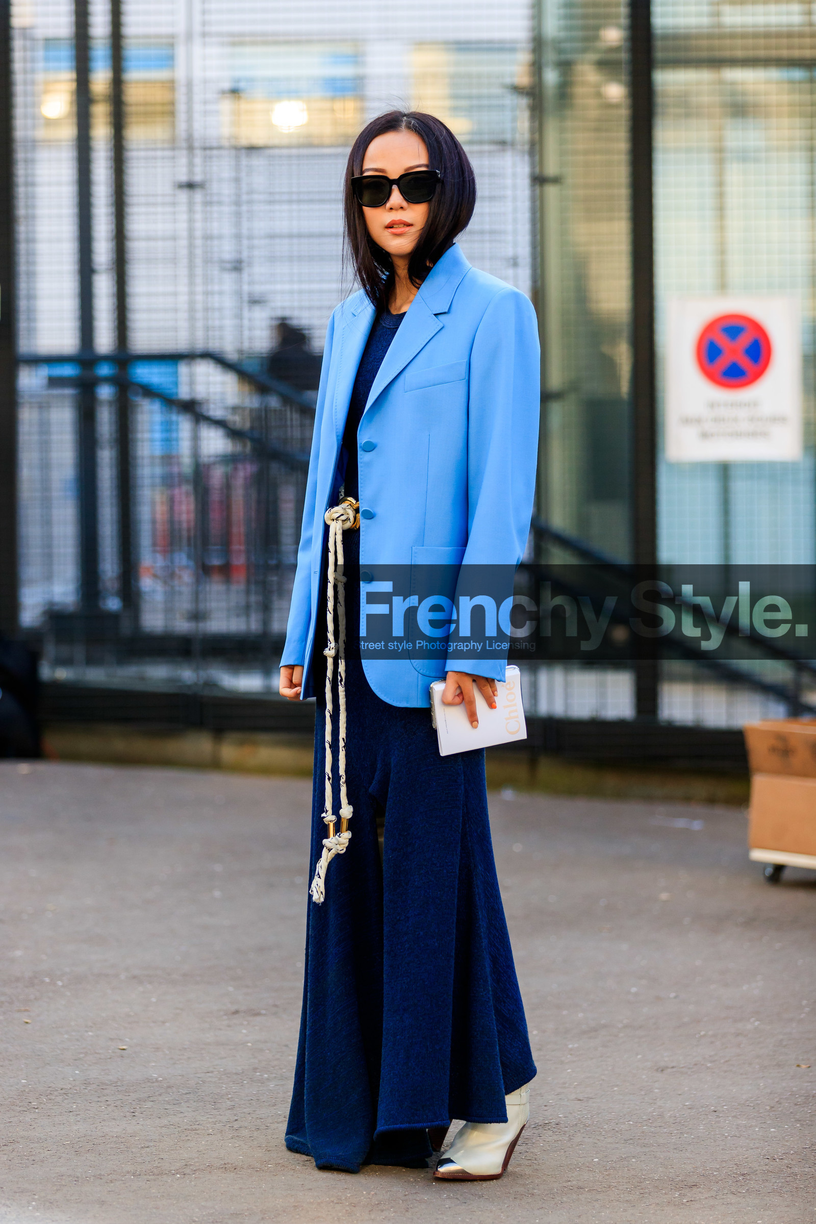 blazer, blue dress, blue jacket, chloé, leather shoes, sunglasses, white belt, white shoes, yoyo cao, PARIS, PFW, street style, jonathan paciullo, FW, frenchystyle, fashion week, AUTUMN WINTER 2019-2020, AW 19-20, FALL WINTER 2019-2020, FW 19-20, vertical, full length