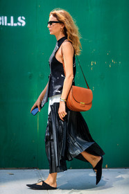 black shoes, black skirt, black top, brown bag, céline, ece sukan, fashion week, frenchystyle, full length, FW, jonathan paciullo, leather bag, NEW YORK, NYFW, pleated skirt, SPRING SUMMER 2018, SS 18, street style, sunglasses, vertical