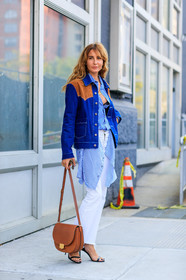 black shoes, blue denim, blue shirt, brown bag, céline, denim jacket, denim pants, ece sukan, fashion week, frenchystyle, full length, FW, high heels, jeans, jonathan paciullo, leather bag, leather shoes, NEW YORK, NYFW, printed jacket, printed shirt, SPRING SUMMER 2018, SS 18, street style, striped shirt, trousers, vertical, white denim