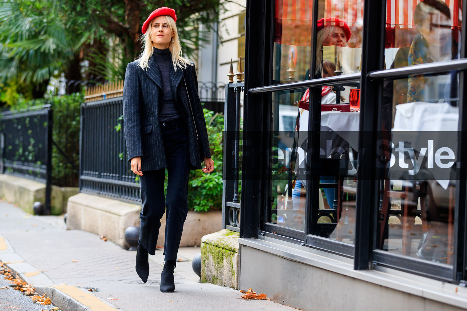 atmosphere details, beret, black denim, black jacket, black shoes, blazer, denim pants, fashion week, frenchystyle, full length, FW, grey jacket, grey sweater, high heels, horizontal, jeans, jonathan paciullo, leather shoes, PARIS, PFW, red hat, SPRING SUMMER 2018, SS 18, street style, striped jacket, trousers, linda tol