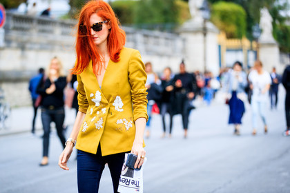 atmosphere details, denim pants, detail, embroidered jacket, fashion week, floral, flower, frenchystyle, FW, horizontal, jeans, jonathan paciullo, PARIS, PFW, SPRING SUMMER 2017, SS 17, street style, sunglasses, taylor tomasi hill, trousers, yellow jacket