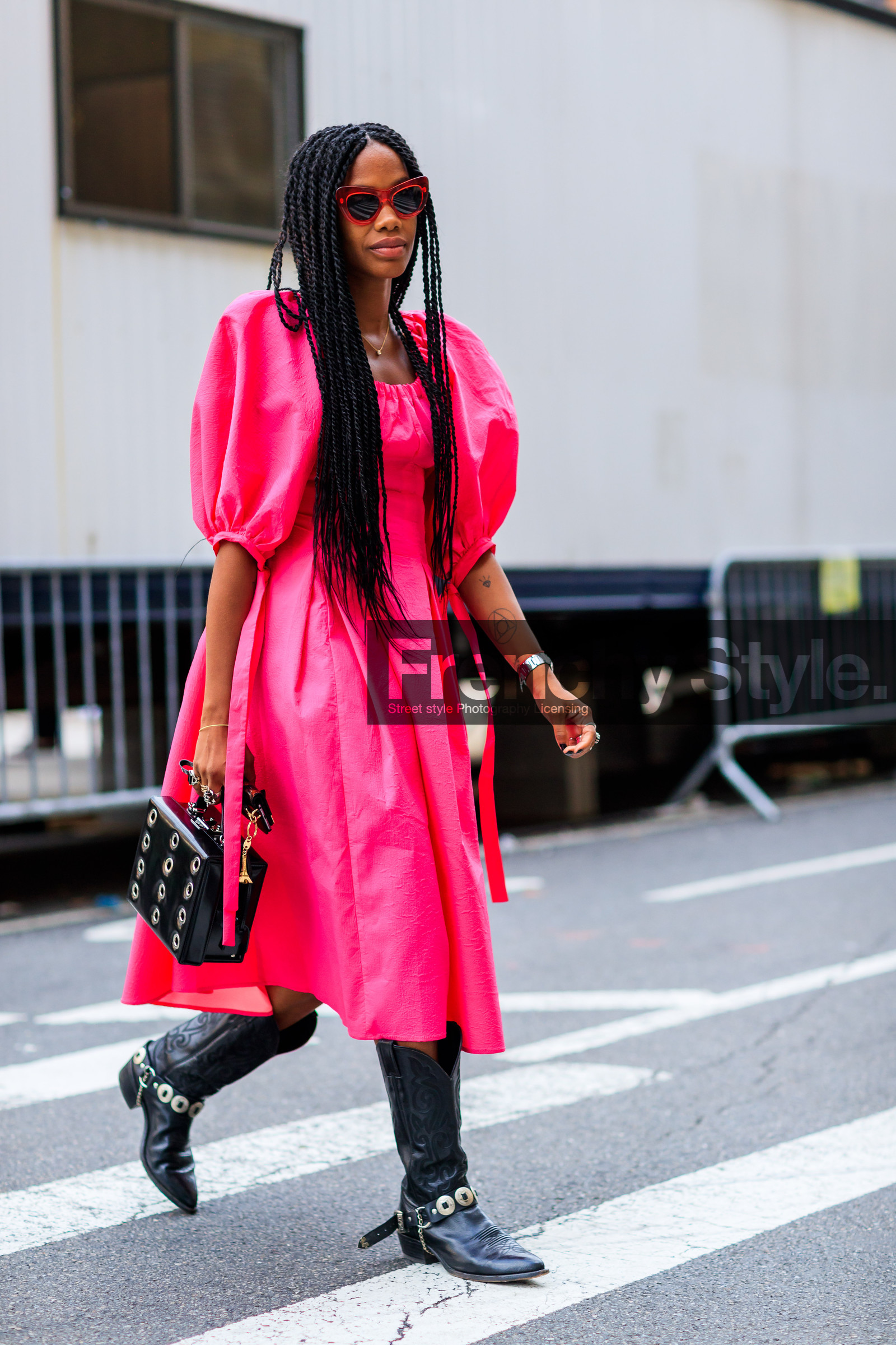 black bag, braids, fashion week, frenchystyle, full length, FW, jan-michael quammie, jonathan paciullo, leather bag, NEW YORK, NYFW, pink dress, SPRING SUMMER 2018, SS 18, street style, studs, sunglasses, vertical