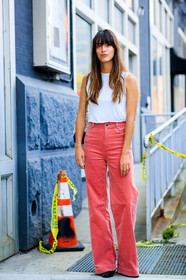 black and white bag, chanel, fashion week, frenchystyle, full length, FW, jonathan paciullo, louise follain, NEW YORK, NYFW, red pants, SPRING SUMMER 2018, SS 18, street style, trousers, velvet, vertical, white tank top