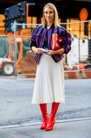 blue jacket, bomber jacket, fashion week, frenchystyle, full length, FW, graphic jacket, high boots, high heels, jonathan paciullo, leather bag, leather shoes, NEW YORK, NYFW, pleated skirt, printed jacket, red bag, red boots, SPRING SUMMER 2018, SS 18, street style, striped jacket, vertical, white skirt