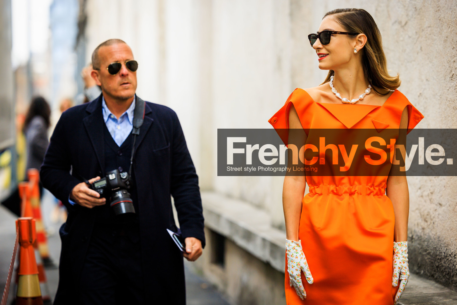 pearl necklace, orange, prada derbies, black sunglasses, flower gloves, print gloves, pearl studs, nylon prada, jenny walton, street style, jonathan paciullo, FW, frenchystyle, fashion week, MFW, MILAN, FALL WINTER 2022_2023, AUTUMN WINTER 2022-2023, FW 22-23, horizontal, atmosphere details