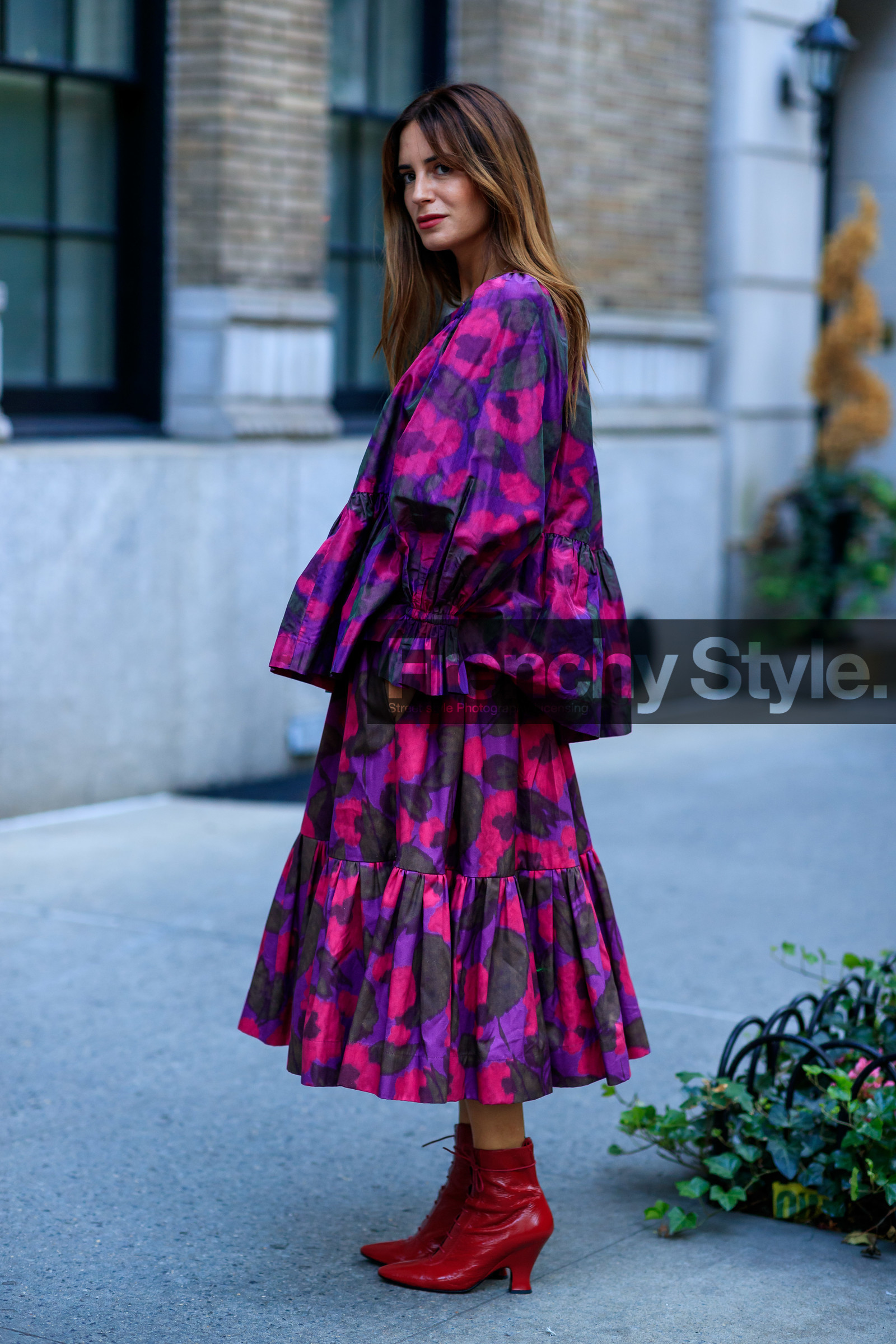 floral, flowers, gala gonzalez, graphic skirt, high heels, leather shoes, pink skirt, printed skirt, purple skirt, purple top, red boots, ruffles, street style, jonathan paciullo, FW, frenchystyle, fashion week, NEW YORK, NYFW, SPRING SUMMER 2020, SS 20, vertical, full length