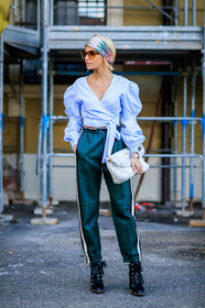 AUTUMN WINTER 2017-2018, AW 17-18, black shoes, blue shirt, caro daur, emerald, FALL WINTER 2017-2018, fashion week, frenchystyle, full length, FW, FW 17-18, green pants, headband, jonathan paciullo, leather bag, leather shoes, MFW, MILAN, miu miu, street style, sunglasses, sweatpants, trousers, vertical, white bag