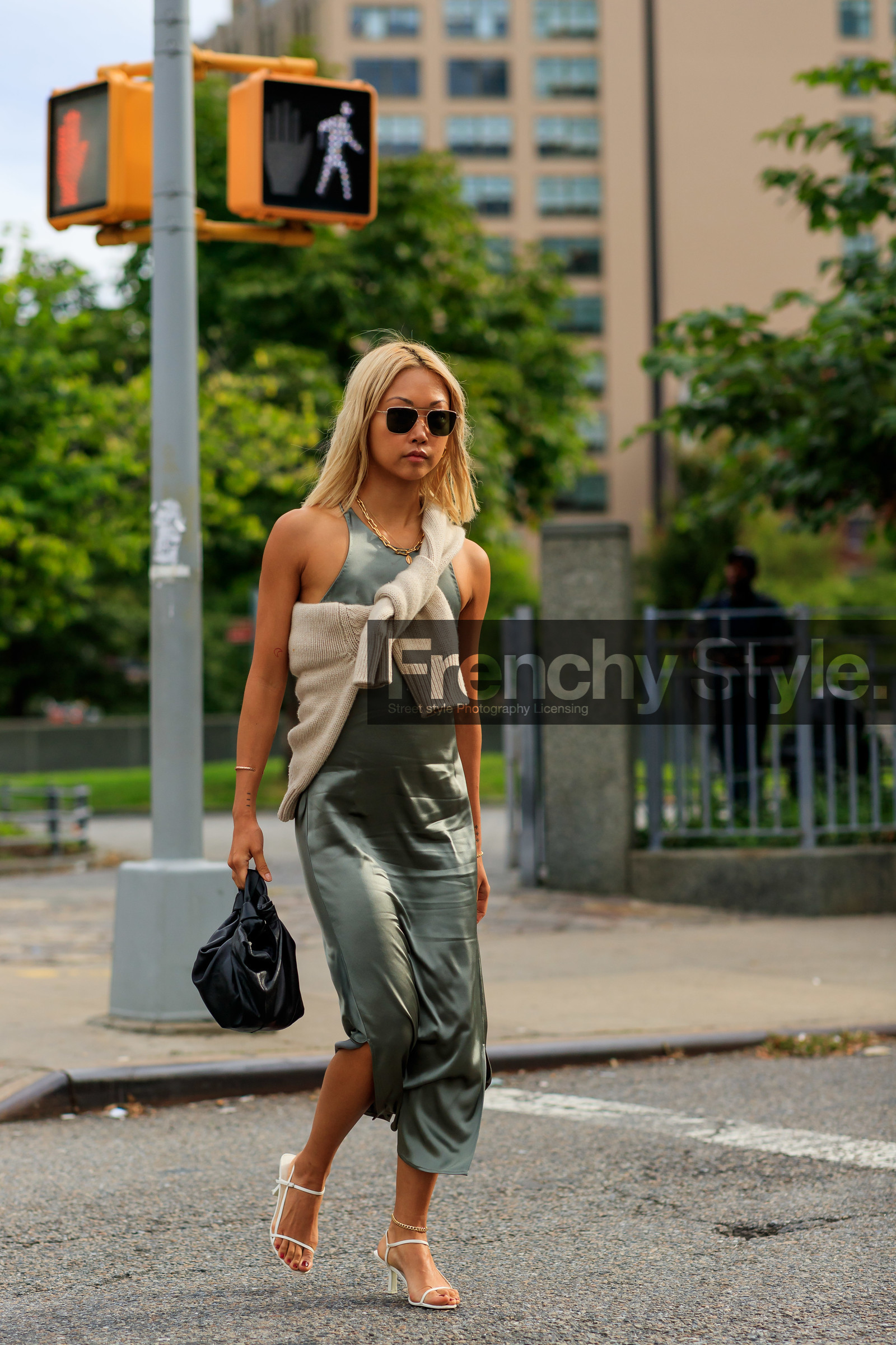beige sweater, black bag, bracelet, green dress, high heels, leather bag, leather shoes, sunglasses, the row, vanessa hong, white shoes, street style, jonathan paciullo, FW, frenchystyle, fashion week, NEW YORK, NYFW, SPRING SUMMER 2020, SS 20, vertical, full length