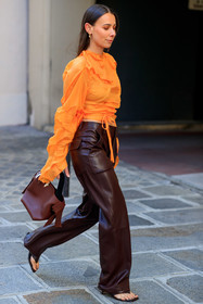 orange blouse, drape blouse, cropped blouse, silk blouse, burgundy leather pants, burgundy leather bag, flare pants, acne studios bag, acne studios look, acne studios pants, acne studios blouse, hand bag, alice barbier, fashion week, frenchystyle, FW, jonathan paciullo, street style, PFW, PARIS, SPRING SUMMER 2022, SS 22, vertical, full length
