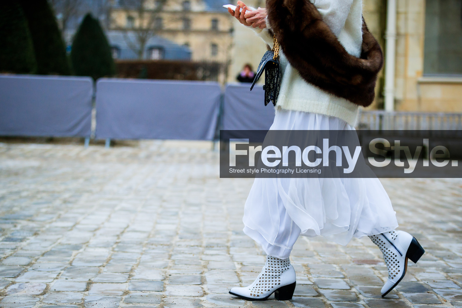 blue bag, brown fur, fur scarf, leather bag, leather shoes, monogram, white boots, white skirt, white sweater, fashion week, frenchystyle, FW, jonathan paciullo, street style, PFW, PARIS, AUTUMN WINTER 2018-2019, FALL WINTER 2018-2019, FW 18-19, horizontal, atmosphere details